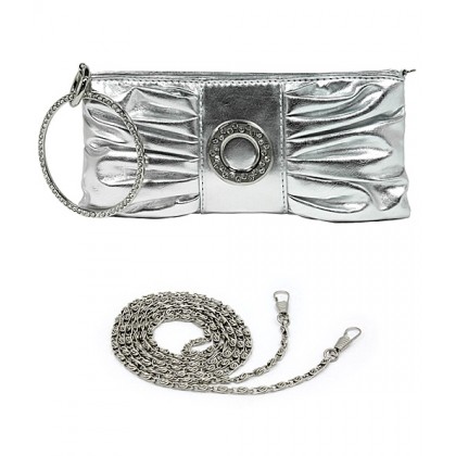 Evening Bag - 12 PCS - Pleated PU Leather w/ Rhinestone Loop Wristlet - Silver - BG-7070M-SV